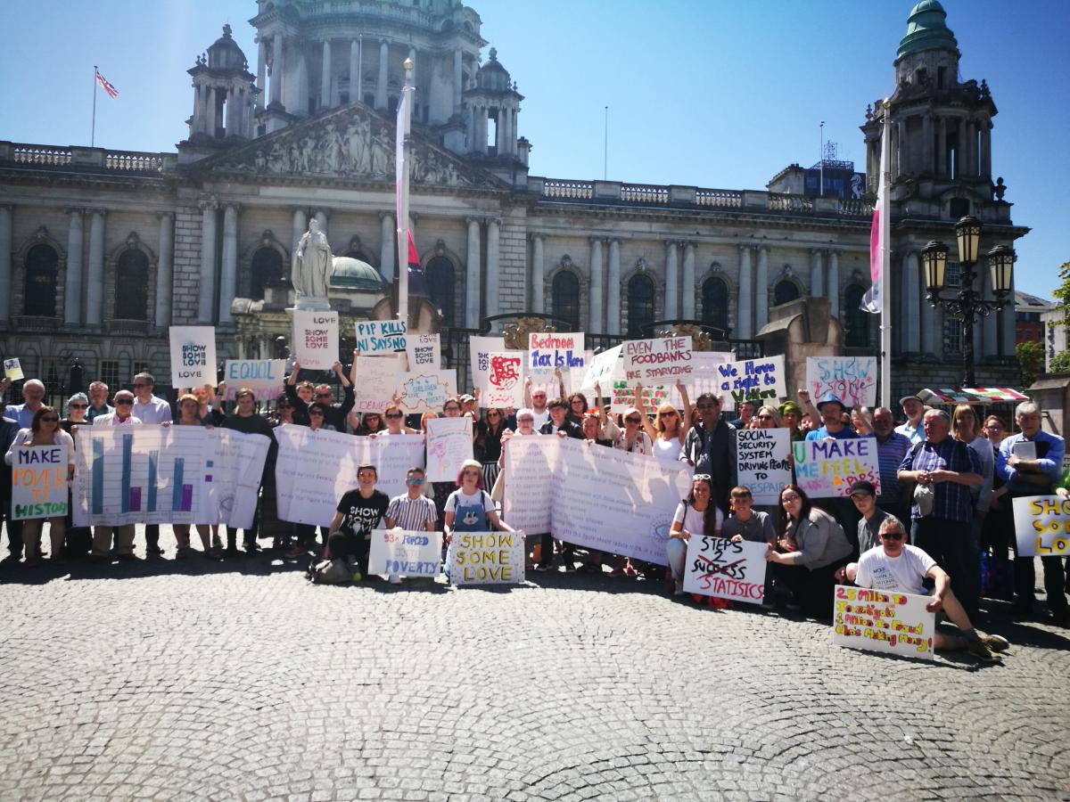 Right to Work, Right to Welfare activists gather at CIty Hall in June 2019 to demand implementation of the People's Proposal